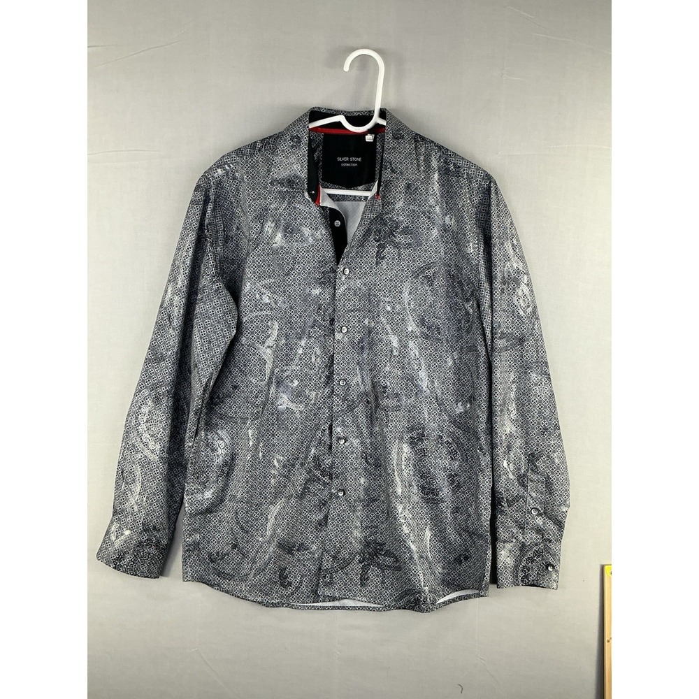 Silver Stone Collection Button Up Shirt Gray Geometric Pattern Men's M